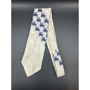 Vintage Damon Tie Necktie Imported Textured Polyester 50's Car Cream Blue EE09